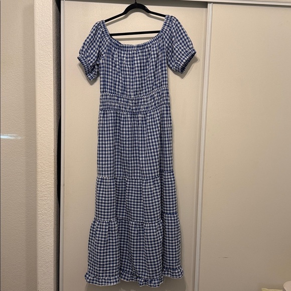 NWT BTFBM Blue Gingham Off-Shoulder  Elastic Waist Women’s Maxi Dress SZ XL - Picture 1 of 16